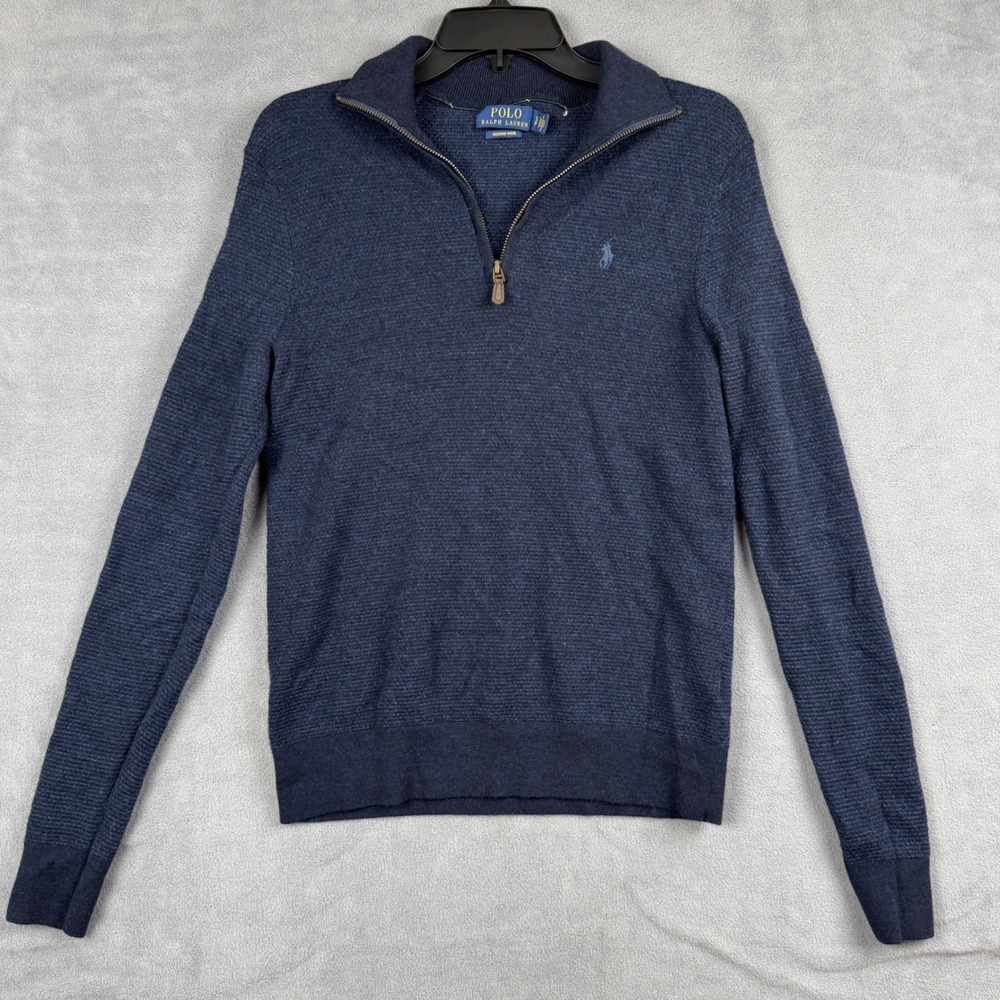 Polo Ralph Lauren Mens Small Navy Blue Merino Wool Quarter Zip Sweater Textured